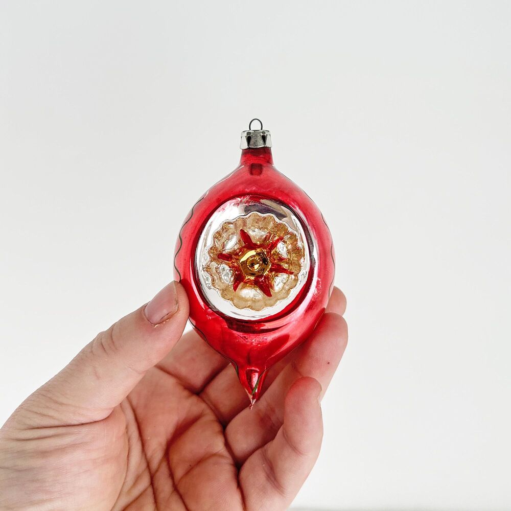 Vintage Polish Mercury Glass Star Reflector Drop Ornament Red Gold Christmas